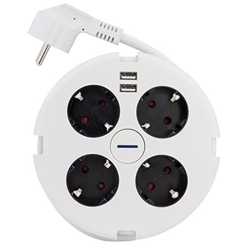 REV POWERDISC Steckdosenleiste mit USB, Ladegerät, mit Schalter, Mehrfachsteckdose 4-fach, 2x USB, 140cm, 3500W, 16A, weiss von REV