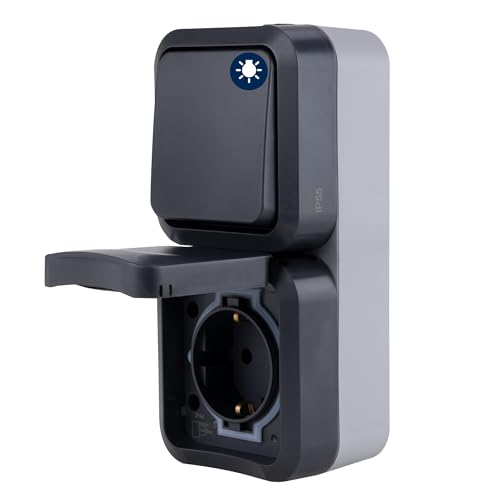 REV - AquaStorm, Feuchtraum Steckdose Aufputz mit Lichtschalter, IP55, senkrecht, 230V, 16A, anthrazit REV - AquaStorm, Feuchtraum Steckdose Aufputz mit Lichtschalter, IP55, senkrecht, 230V, 16A, anthrazit von REV