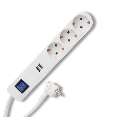 REV ICE Steckdosenleiste mit USB, Steckerleiste 3fach, USB Steckdose, 2x USB, Ladegerät, 1,4m, max. 3680W, weiss von REV