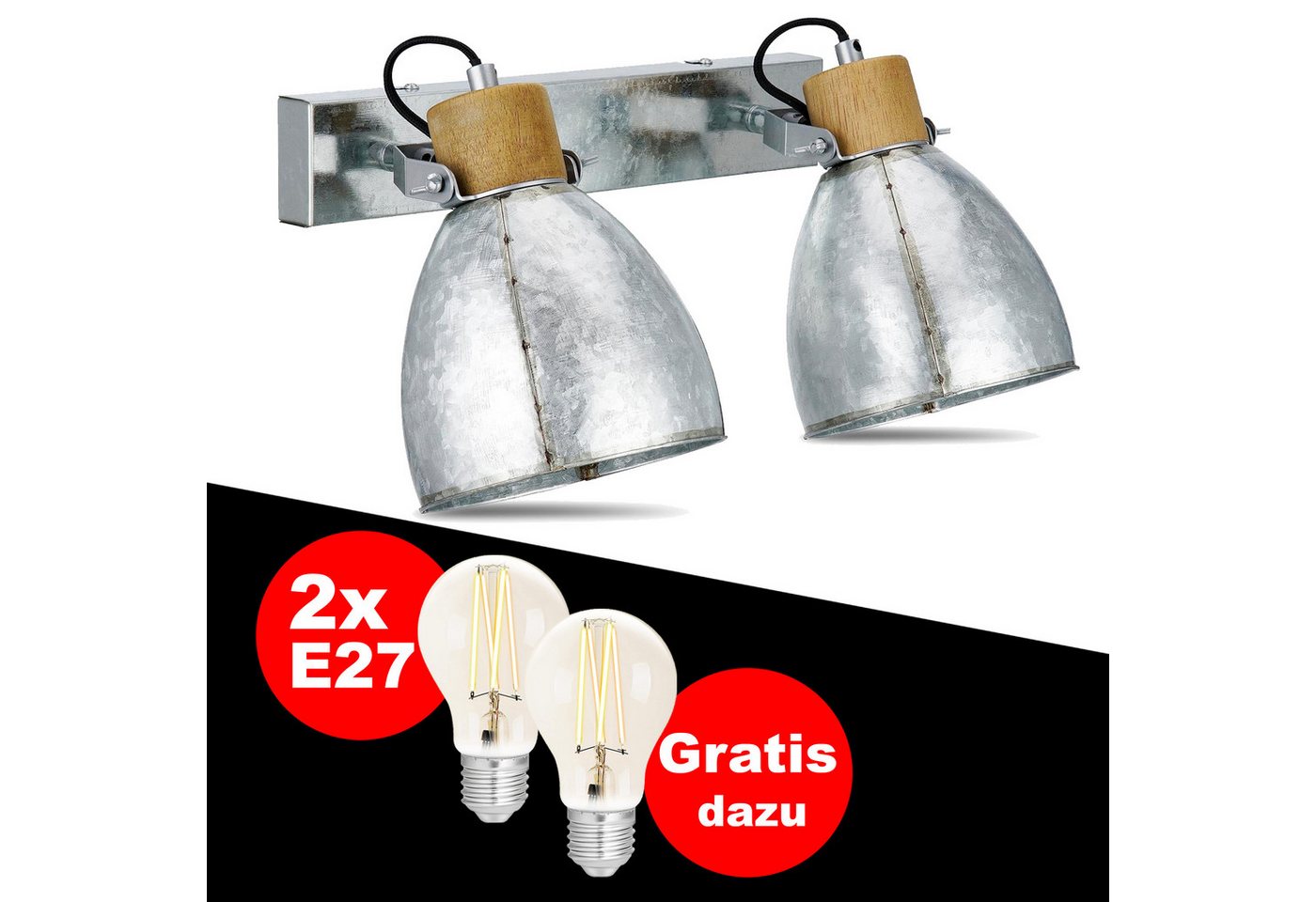 REV Wandleuchte -/Deckenlampe im Retro-Look, E27-Fassung, schwenkbar, verzinkt, + WiZ mit 7W, 2.200K- 5.500K & 650lm von REV