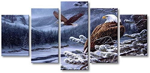 Blaue Winterlandschaft Tier Adler HD Drucke Bilder Leinwand Poster Wandkunst 5 Stück groß gerahmte Auto Leinwand Wandkunst 5 Stück gerahmt Bild Wandkunst Home Office Schlafzimmer Dekor Wandkunst für von REVAC