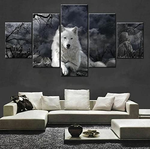 REVAC Weißer Wolf im Wald bei Nacht Leinwand 5 leinwand Anime leinwandbilder 5 teilig landschaftleinwandbilder 5 teilig Universum Bilder, Poster, kunstdrucke & skulpturen Wandmalereien auf Leinwand von REVAC