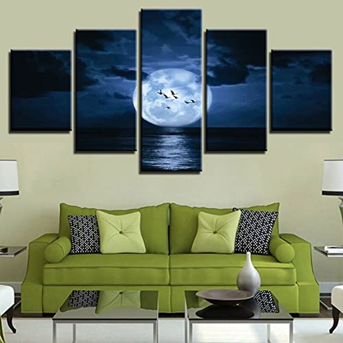 Vollmond-Vögel, die Nachtplakat fliegen 5 teilige leinwandbilder leinwand 5 teile auto wandtattoo schlafzimmer poster & kunstdrucke bilder mit rahmen selbst gestalten Heimdekoration, Poster Artwork von REVAC