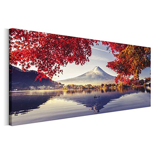 REVOLIO 135x45 cm Leinwandbild Wandbilder Wohnzimmer Modern Kunstdruck Design Wanddekoration Deko Bild auf Leinwand Bilder 1 Teilig - Japan Berg Fuji rot Blau von REVOLIO