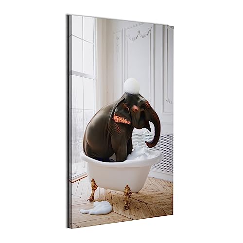 REVOLIO 40x60 cm Bilder Badezimmer - Bad Bilder Tierbilder - Badezimmer Deko Leinwandbild Wandbilder fur Wohnzimmer Wanddeko - Elefant Tier in der Badewanne von REVOLIO