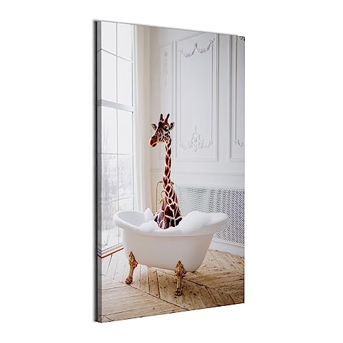 REVOLIO 40x60 cm Bilder Badezimmer - Bad Bilder Tierbilder - Badezimmer Deko Leinwandbild Wandbilder fur Wohnzimmer Wanddeko - Giraffe Tier in der Badewanne von REVOLIO