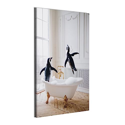 REVOLIO 40x60 cm Bilder Badezimmer - Bad Bilder Tierbilder - Badezimmer Deko Leinwandbild Wandbilder fur Wohnzimmer Wanddeko - Pinguine Tier in der Badewanne von REVOLIO