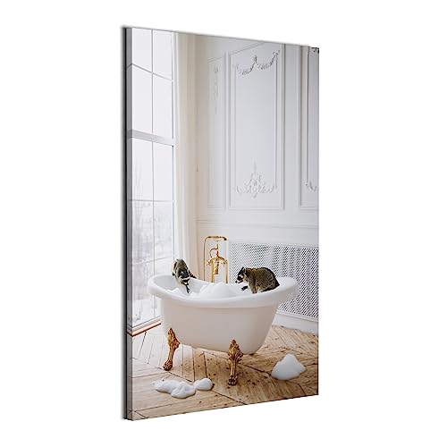REVOLIO 40x60 cm Bilder Badezimmer - Bad Bilder Tierbilder - Badezimmer Deko Leinwandbild Wandbilder fur Wohnzimmer Wanddeko - Waschbären Tier in der Badewanne von REVOLIO
