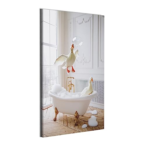 REVOLIO 50x75 cm Bilder Badezimmer - Bad Bilder Tierbilder - Badezimmer Deko Leinwandbild Wandbilder fur Wohnzimmer Wanddeko - Enten Tier in der Badewanne von REVOLIO