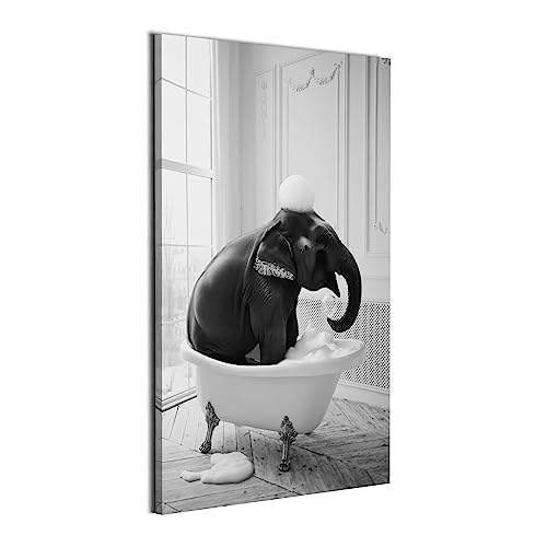 REVOLIO 60x90 cm Bilder Badezimmer - Bad Bilder Tierbilder - Badezimmer Deko Leinwandbild Wandbilder fur Wohnzimmer Wanddeko - Elefant Tier in der Badewanne schwarz weiß von REVOLIO