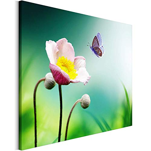 REVOLIO 75x50 cm Leinwandbild Wandbilder Wohnzimmer Modern Kunstdruck Design Wanddekoration Deko Bild auf Leinwand Bilder 1 Teilig - Natur Blume Schmetterling gelb grün von REVOLIO