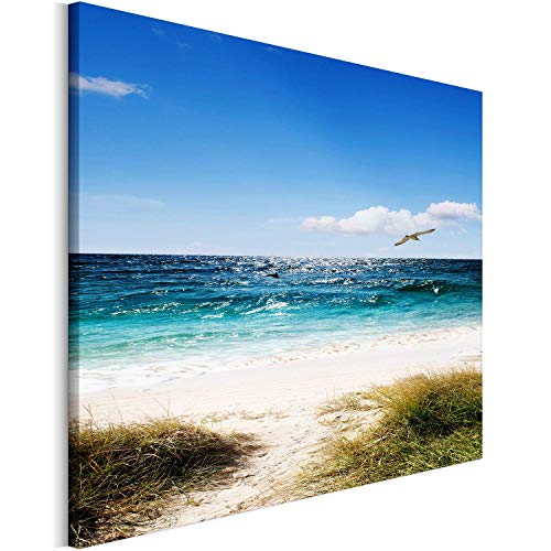 REVOLIO 75x50 cm Leinwandbild Wandbilder Wohnzimmer Modern Kunstdruck Design Wanddekoration Deko Bild auf Leinwand Bilder 1 Teilig - Strand Meer Möwe Gras blau beige von REVOLIO