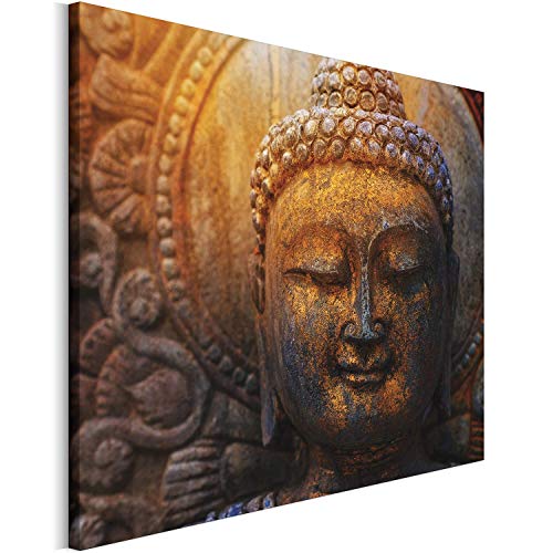 REVOLIO 90x60 cm Leinwandbild Wandbilder Wohnzimmer Modern Kunstdruck Design Wanddekoration Deko Bild auf Leinwand Bilder 1 Teilig - Buddha Gesicht braun gelb von REVOLIO