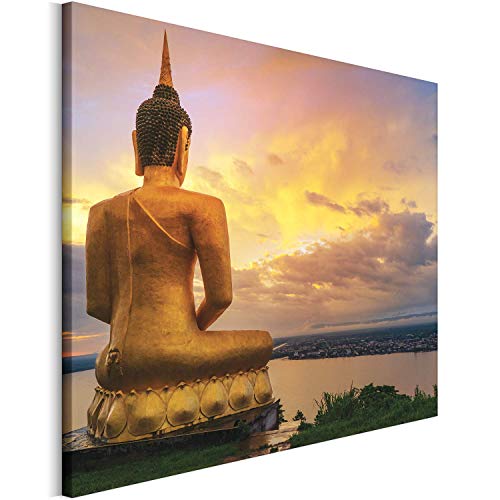 REVOLIO 90x60 cm Leinwandbild Wandbilder Wohnzimmer Modern Kunstdruck Design Wanddekoration Deko Bild auf Leinwand Bilder 1 Teilig - Buddha Statue Aussicht Blick Meer von REVOLIO