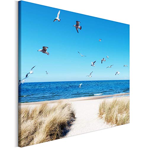 REVOLIO 90x60 cm Leinwandbild Wandbilder Wohnzimmer Modern Kunstdruck Design Wanddekoration Deko Bild auf Leinwand Bilder 1 Teilig - Strand Meer Vögel Dünen beige blau von REVOLIO