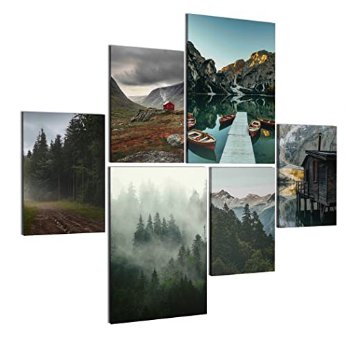 REVOLIO Leinwandbilder Set - Wanddeko Wohnzimmer & Schlafzimmer - 6 Wandbilder Set Aufhängfertig - Bilderset Größen 30x45 und 40x60 - Leinwand Bilder Set - Berge Wald Nebel See Boote Natur von REVOLIO