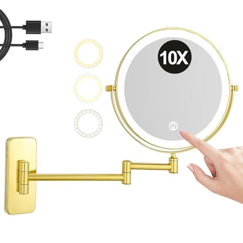 REWIS 8-Zoll-Schminkspiegel aus Messing zur Wandmontage mit zweiseitiger Vergrößerung, drehbar, wiederaufladbarer 3-Farbiger dimmbarer LED-Kosmetikspiegel, Rasierspiegel mit HD-Beleuchtung,Gold,10X REWIS 8-Zoll-Schminkspiegel aus Messing zur Wandmontage mit zweiseitiger Vergrößerung, drehbar, wiederaufladbarer 3-Farbiger dimmbarer LED-Kosmetikspiegel, Rasierspiegel mit HD-Beleuchtung,Gold,10X von REWIS