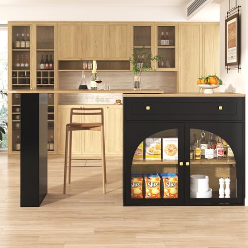 Ausziehbarer Bartisch mit Stauraum(138-204×39×104cm), 360° drehbare Essbar,Moderner Beweglicher Bar Table,Hochtisch Kücheninsel Bistro Table, Sideboardschrank mit Regalen und Glas,Schwarz von REXO
