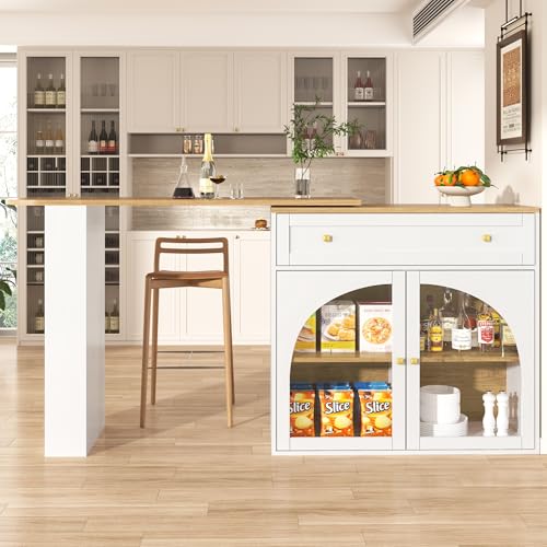 Ausziehbarer Bartisch mit Stauraum(138-204×39×104cm), 360° drehbare Essbar,Moderner Beweglicher Bar Table,Hochtisch Kücheninsel Bistro Table, Sideboardschrank mit Regalen und Glas,weiß von REXO