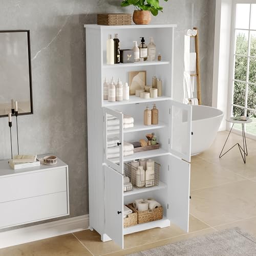 Badezimmer-Hochschrank 57.4x28.5x160cm mit Stauraum, Volllackierung, Glasschranktür, Holzschranktür, Zwei offene Ablagefächer, verstellbare Trennwände, einfache Textur von REXO