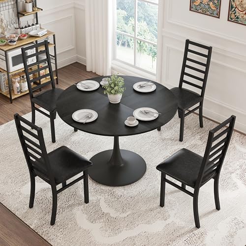Dining Table Set for 4, 120CM Tulip Table with 4 Chairs for Dining Room,Coffee Shop,Small Spaces(Black Dining Table and Black Dining Chair) von REXO