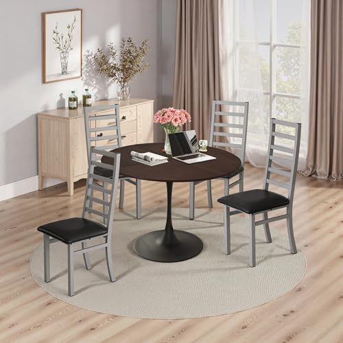 Dining Table Set for 4, 120CM Tulip Table with 4 Chairs for Dining Room,Coffee Shop,Small Spaces(Brown Dining Table and Gray Dining Chair) von REXO