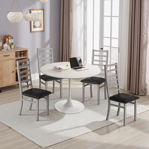 Dining Table Set for 4, 120CM Tulip Table with 4 Chairs for Dining Room,Coffee Shop,Small Spaces(White Dining Table and Gray Dining Chair) von REXO