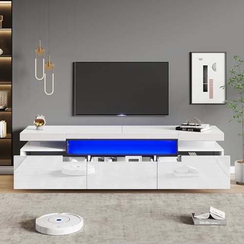 Eleganter Hochglanz-TV-Schrank 160x39x42cm – Weiß mit 16 Farben LED-Beleuchtung – Platz für 70 Zoll Fernseher – Inklusive 3 Schubladen,Hochglanz-TV-Ständer von REXO