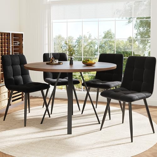 Essgruppe 5-TLG Runder Esstisch 80×80×75cm Mit 4 Esszimmerstühlen Samtsitze Nussbaumfarben Schwarz von REXO