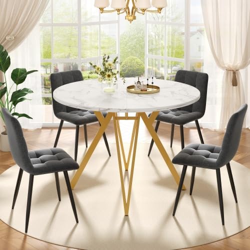 Esstisch-Set (5-teilig), Set mit 4 Stühlen, modernes Küchen-Esstisch-Set, runder Küchentisch Durchmesser 100 cm mit goldenen Metallbeinen, MDF-Marmor-Tischplatte (Gold + Grau) von REXO