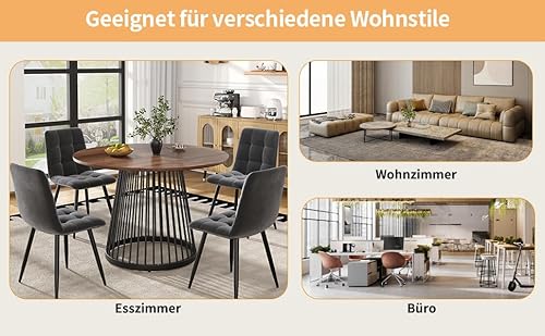 Esstisch-Set (5-teilig), modernes Esstisch-Set (mit 4 Stühlen), Küchen, runder Küchentisch mit 80 cm Durchmesser und schwarzen Metallbeinen,Walnussfarbener,Samtstühle von REXO