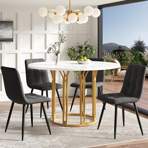 Esstisch-Set 100 x 100 x 76 cm runder Esstisch (5-teilig) inkl. 4 Stühle runder Couchtisch für 4 Personen Sitzbank mit Leinenbezug Esstisch mit Marmorplatte graue Stühle von REXO