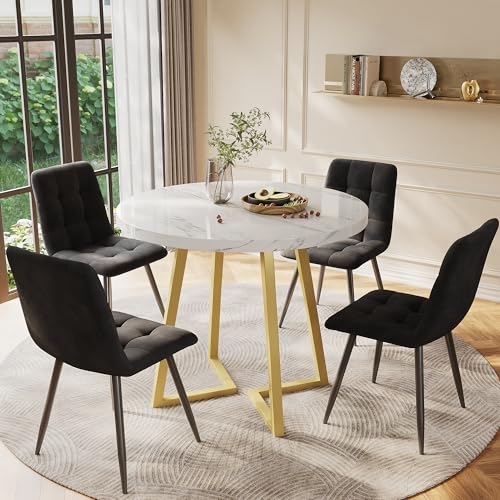 Esstisch-Set 5-teilig Modern Mit 4 Stühlen, Runder Küchentisch 80 cm Durchmesser Goldene Metallbeine, Weiße MDF-Tischplatte Schwarze Samtstühle von REXO