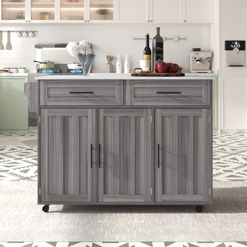 Esstischwagen 91.5x129x46cm Anrichte mit Klapptischplatte, Inneneinlegeböden, Kücheninsel auf 5 Rädern mit Stauschränken und 2 Schubladen, für das Esszimmer, weiß + Khaki grau von REXO