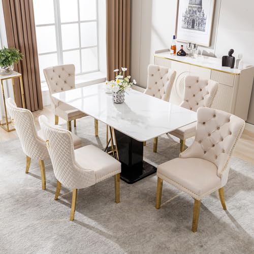 Esszimmerstuhl (Küchenstuhl Wohnzimmerstuhl mit einzigartigem Runde Zugringe auf der Rückseite，Polsterstuhl mit Nagelkopfbesatz,Stützbeine aus vergoldetem Edelstahl, Samt,Beige von REXO