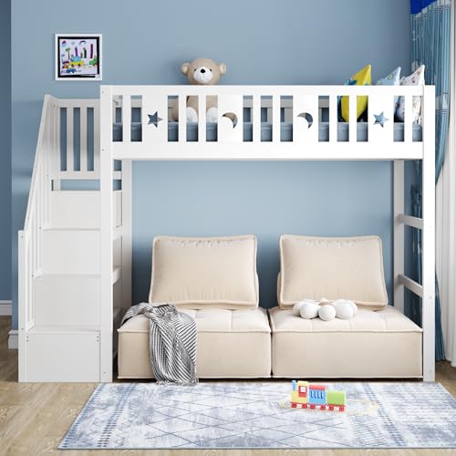 Etagenbett für Kinder 90x200cm mit Treppe,Hochbett aus Massivholz mit Sicherheitsgeländer, Stern- und Monddekoration.Weiß Etagenbett für Kinder 90x200cm mit Treppe,Hochbett aus Massivholz mit Sicherheitsgeländer, Stern- und Monddekoration.Weiß von REXO