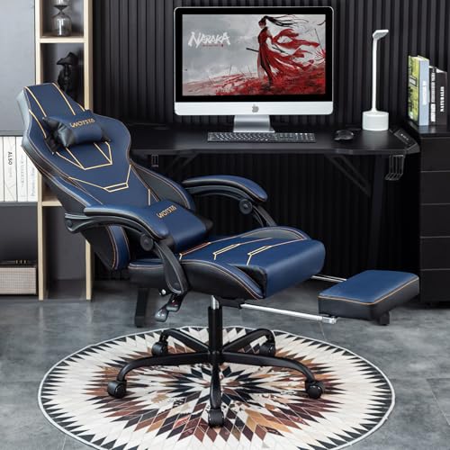 Gaming Stuhl Ergonomisch Gaming Chair Bürostuhl mit Fußstütze Racing Computerstuhl Höhenverstellbar Gepolstert Computerstuhl Lendenwirbelstütze (Blau) von REXO