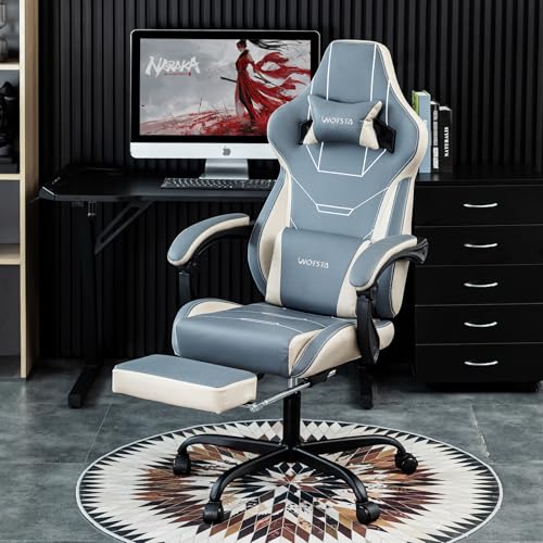 Gaming Stuhl Ergonomisch Gaming Chair Bürostuhl mit Fußstütze Racing Computerstuhl Höhenverstellbar Gepolstert Computerstuhl Lendenwirbelstütze (Blaubeige) von REXO