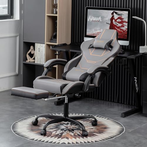 Gaming Stuhl Ergonomisch Gaming Chair Bürostuhl mit Fußstütze Racing Computerstuhl Höhenverstellbar Gepolstert Computerstuhl Lendenwirbelstütze (Grau) von REXO