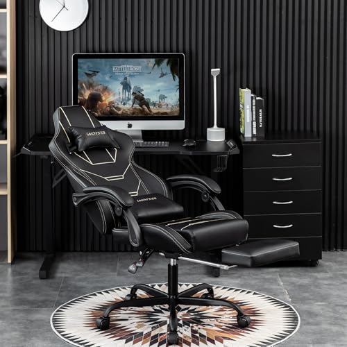 Gaming Stuhl Ergonomisch Gaming Chair Bürostuhl mit Fußstütze Racing Computerstuhl Höhenverstellbar Gepolstert Computerstuhl Lendenwirbelstütze (Schwarz) von REXO