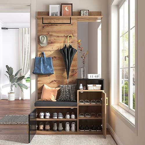 Garderoben-Set,mit 4 Kleiderhaken, Spiegel, Schuhschrank, Wandgarderobe, oberes Ablagefach, Flurgarderobe Sitzbank. (Not a one-Piece Product, Requires Drilling and Punching Holes in The Wall) (1) von REXO