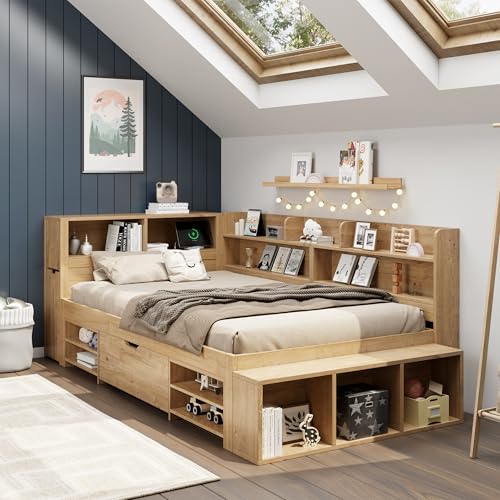 Kinderbett 90 * 200 cm, Stauraumbett Holzbett, Einzelbett multifunktionales mit ausziehbarer Nachttisch Schubladen, Regal und Stauschrank, großer Stauraum, Lattenrost, ohne Matratze, Natur von REXO