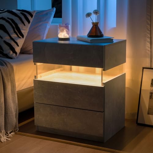 LED Nightstands 3 Drawer Dresser for Bedroom End Table with Acrylic Board LED Bedside Tables for Bedroom Living Room Bedside Furniture (Gray) von REXO