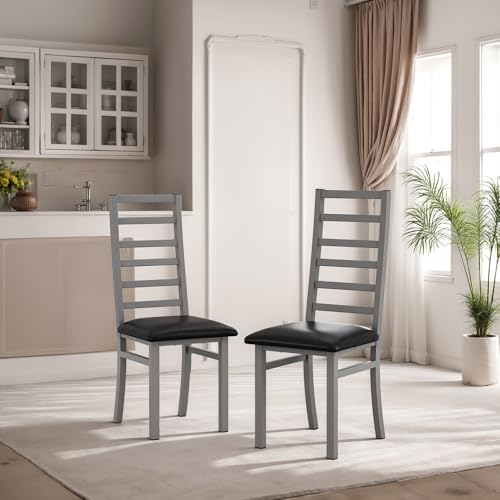 Metal Dining Chairs Set of 2, Steel Legs and PU Leather Seats, High Back Armless Dining Chairs, for Kitchen, Living Room, Grey von REXO