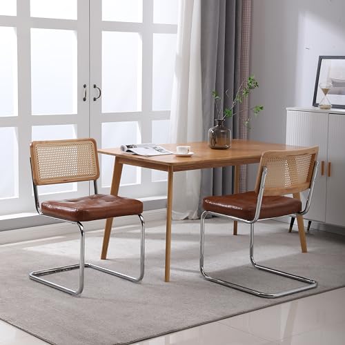 Mittelalterliche Moderne Esszimmerstühle, EIN Satz von 2-Rattan Esszimmerstühlen mit weichen gepolsterten Kunstlederelementen, armlose Mesh Rückenlehne Rattan Stühle, Metall Chrom Beine(Brown) von REXO