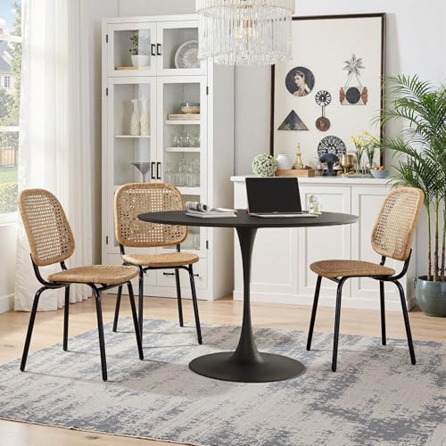 Modern Round Dining Table,Four Patchwork Tabletops with Black Color Solid Wood Grain Table Top,Metal Base Dining Table, Leisure Coffee Table von REXO