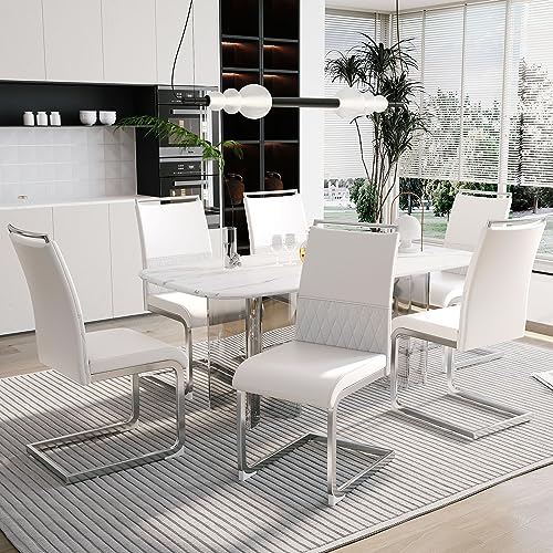 Moderne Esszimmerstühle,Rückenlehne aus PU Kunstleder und Leinen, hoher Rücken gepolstert Side Chair, Querstreifen Rückenlehne Design für Esszimmer, Küche, Gast Bürostuhl (Weiß-6) von REXO