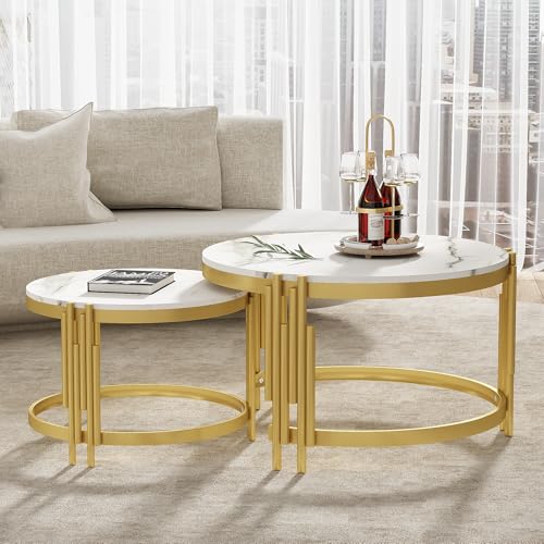 Moduliertes Couchtisch-Set, Marmoroptik, Goldener Metallrahmen, runde Tische in Zwei Größen von REXO