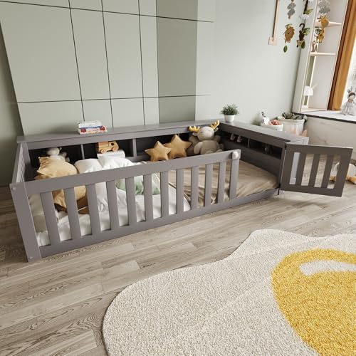 Multifunktionales Kinderbett 90 x 200 cm, mit reichlich Staufächern und Stauraum, mit Sicherheitsgitter und Türchen, Rundum-Sicherheitsschutz, Massivholzbett mit Lattenrost, Einzelbett, Grau von REXO