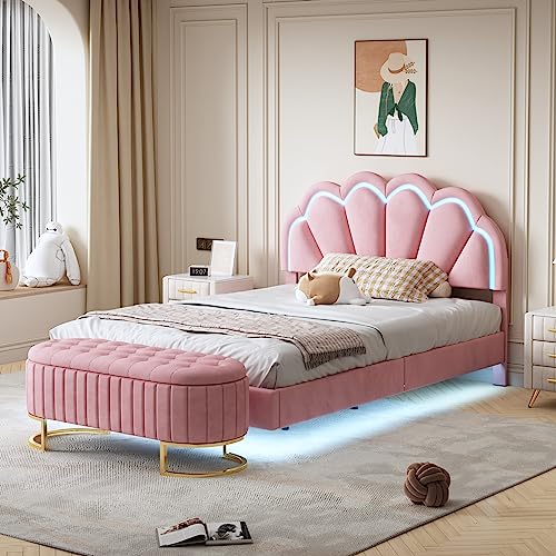Polsterbett 140 x 200 cm, mit verstaubarer Sofabank, gepolsterter schwebender Bettrahmen mit LED-Beleuchtung und einzigartigem Design des Kopfteils, Doppel-Flachbett-Gästebett, Samtstoff Rosa von REXO